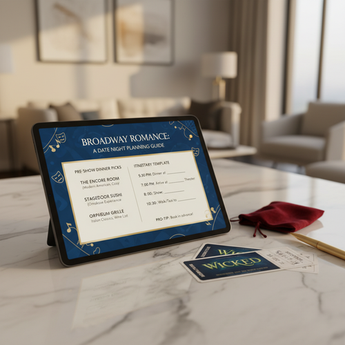 Broadway Night Date Planner digital PDF guide shown on tablet with restaurant picks and itinerary template