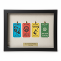 Custom ticket stub shadow box with matte black frame, brass clips, and engraved nameplate