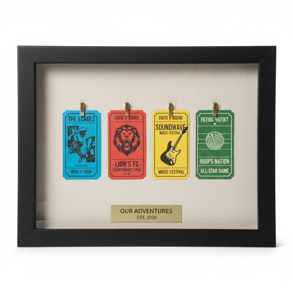 Custom ticket stub shadow box with matte black frame, brass clips, and engraved nameplate
