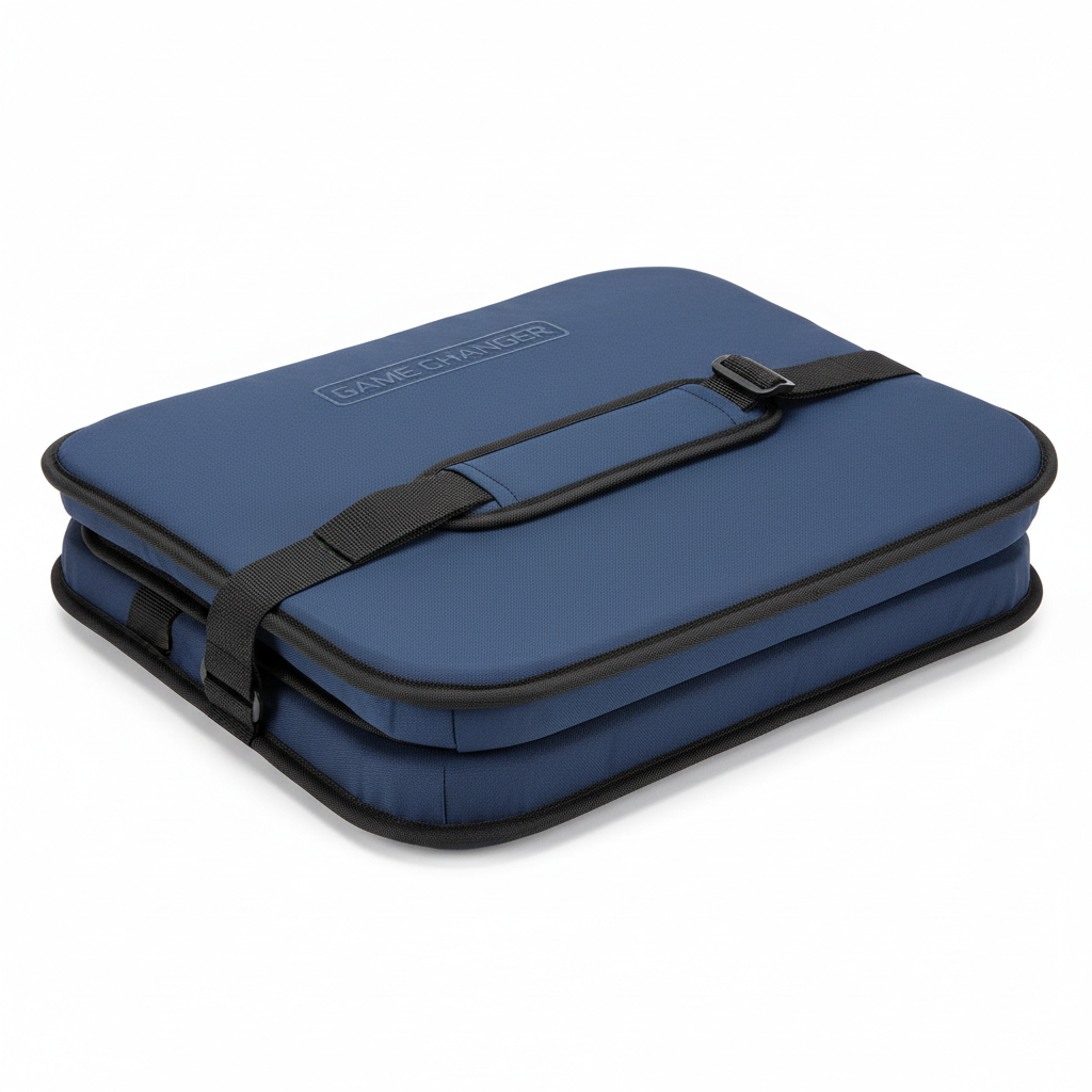 Foldable stadium seat cushion with backrest, memory foam, shoulder strap, folded flat