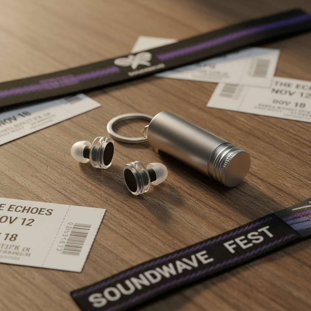 LoudRow earplugs and aluminum keychain case flat lay with concert ticket stubs