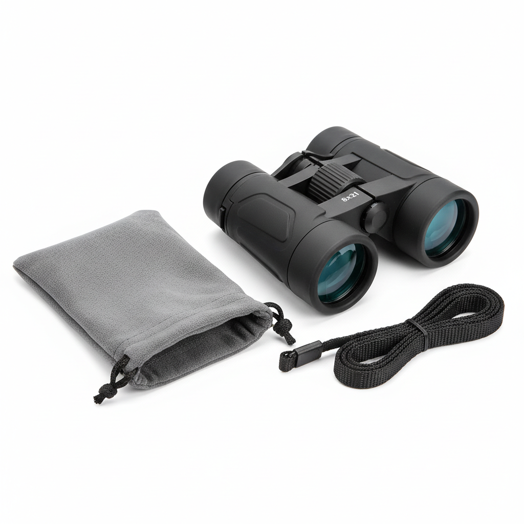 Pocket Binoculars Mini 8x with microfiber pouch and neck strap on white background