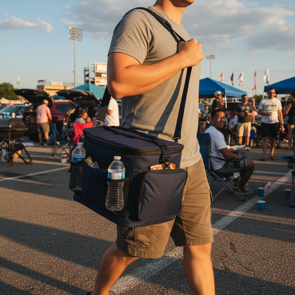 Game Day Tailgate Cooler Bag worn over shoulder at a tailgate party