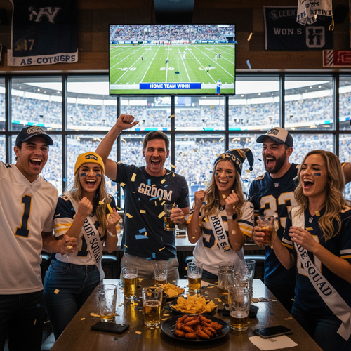 Group of friends celebrating at a sports event on a bachelor bachelorette sports trip