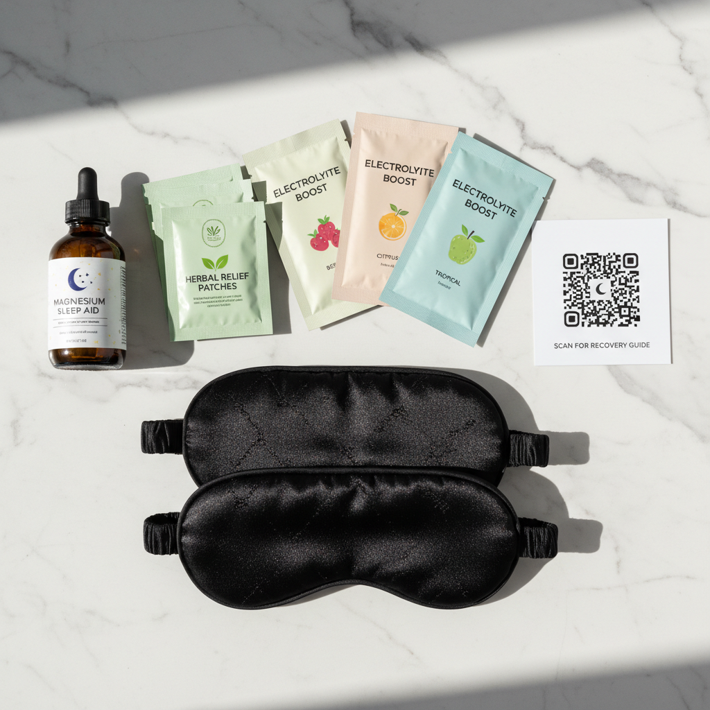 Game-day recovery bundle with electrolyte packets, magnesium sleep aid, pain patches, eye masks and playlist QR code