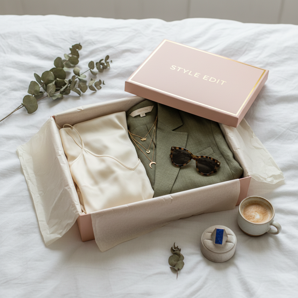 Curated event-night outfit capsule box open showing styled clothing and accessories in tissue paper