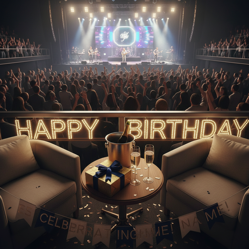 Birthday concert celebration with premium seats, birthday signage, and welcome gift box at a live venue