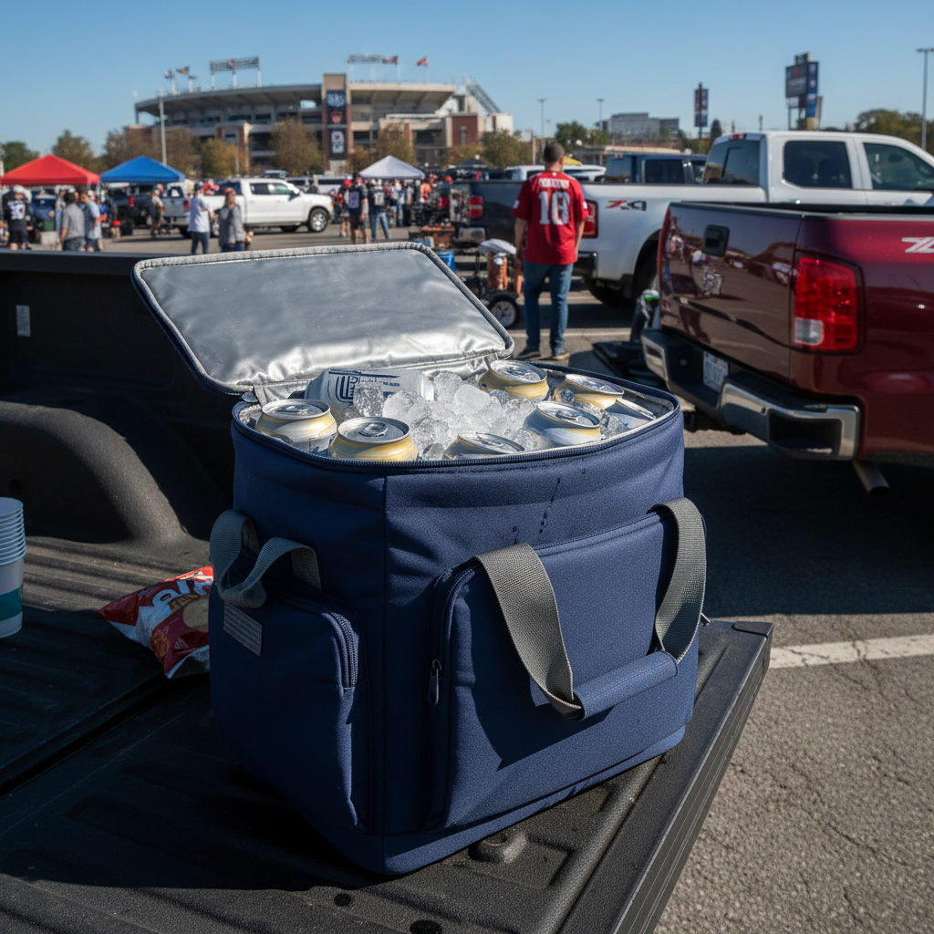 Game Day Tailgate Cooler Bag open and packed with cans on a truck tailgate at a stadium
