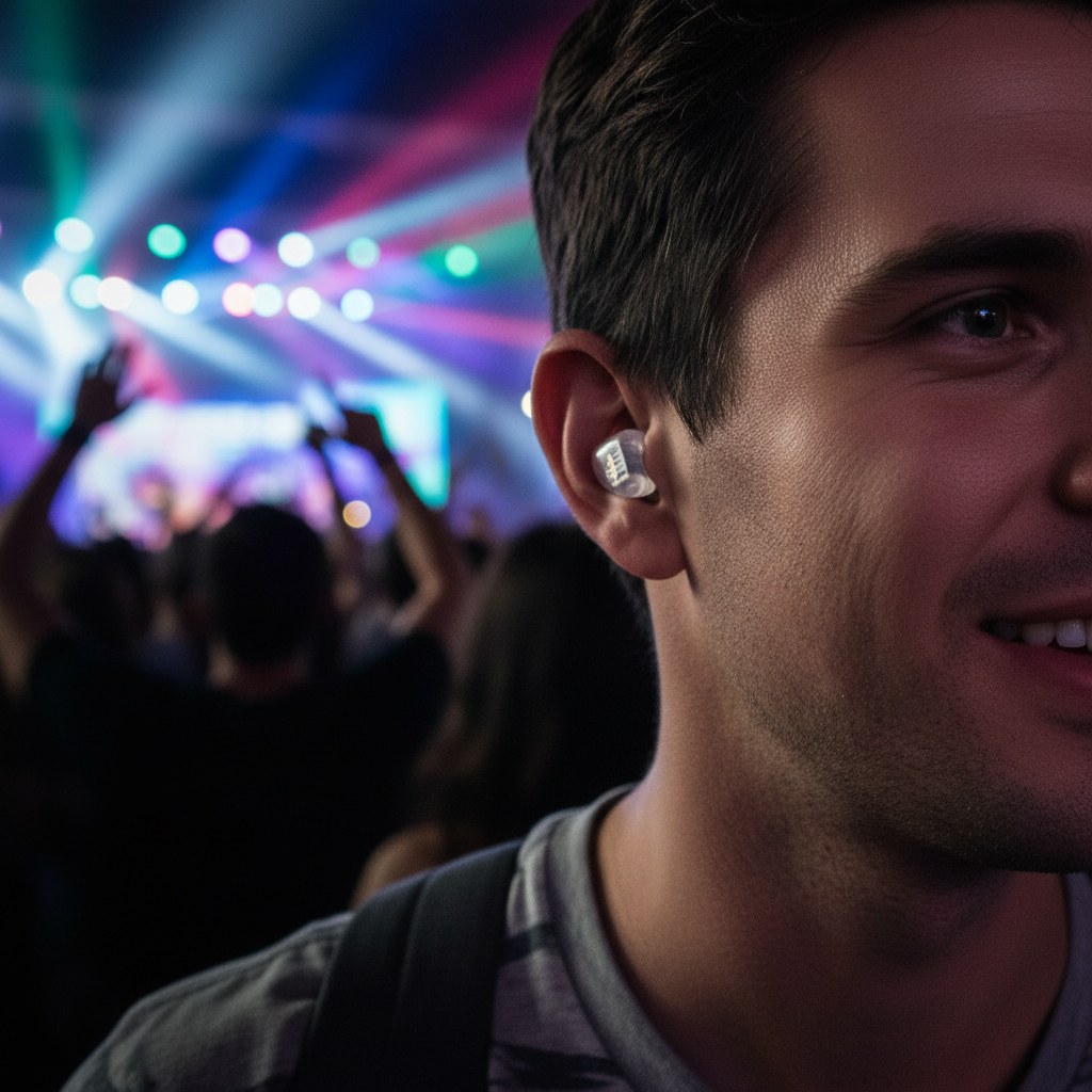 LoudRow earplugs worn at a live concert with colorful stage lights