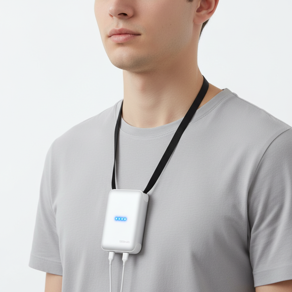 Phone charge lanyard with 10000mAh power bank, USB-C and Lightning cables, LED indicator