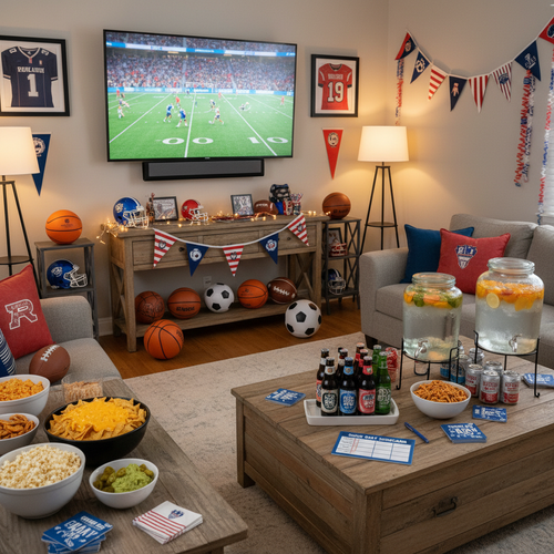 Living room set up for a big-game watch party with large TV, themed decor, snack stations and scorecard cards