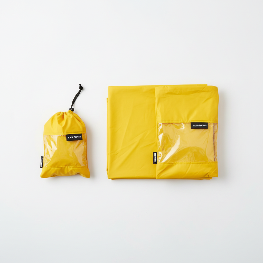 Rainproof stadium poncho set of 2 in yellow, folded into compact pouches