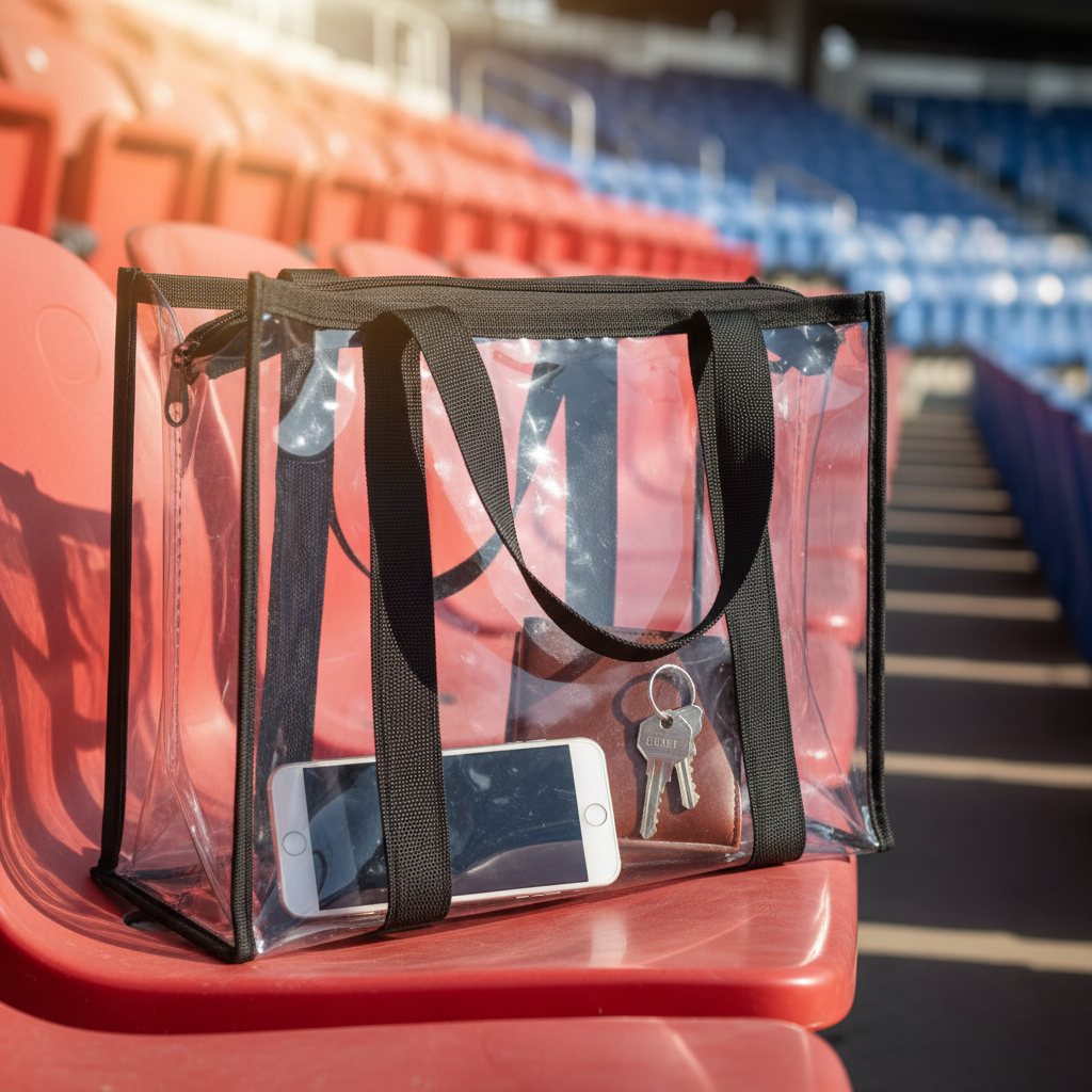 StadiumProof Clear Tote - Side angle with contents